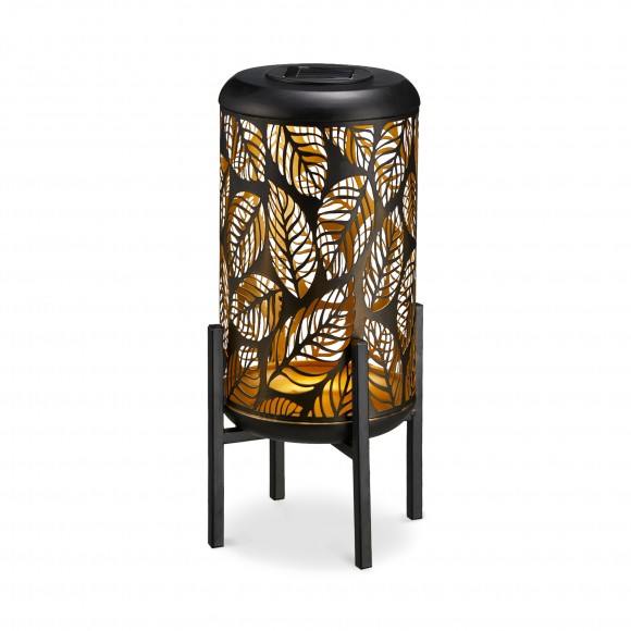 glitzhome Glitzhome 14.25"H Black and Gold Metal Cutout Leaves Pattern Solar Powered LED Outdoor Lantern with Stand