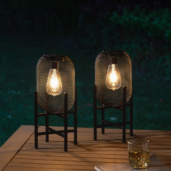 Glitzhome Glitzhome 14.25"H Set Of 2 Slim-shaped Black Metal Mesh Solar Powered Edison Bulb Outdoor Lantern With Stand