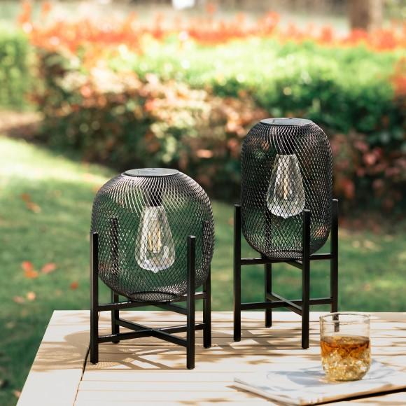Glitzhome Glitzhome 14.25"H Set Of 2 Slim-shaped Black Metal Mesh Solar Powered Edison Bulb Outdoor Lantern With Stand