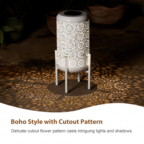 Glitzhome Glitzhome 14.25"H White Metal Cutout Flower Pattern Solar Powered LED Outdoor Lantern With Stand