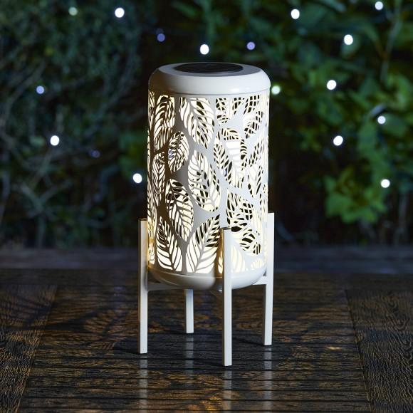 Glitzhome Glitzhome 14.25"H White Metal Cutout Leaves Pattern Solar Powered LED Outdoor Lantern With Stand
