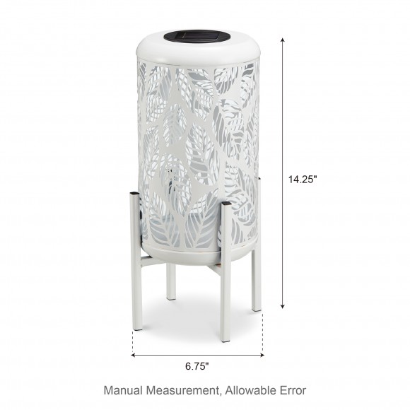 Glitzhome Glitzhome 14.25"H White Metal Cutout Leaves Pattern Solar Powered LED Outdoor Lantern With Stand