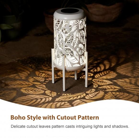 Glitzhome Glitzhome 14.25"H White Metal Cutout Leaves Pattern Solar Powered LED Outdoor Lantern With Stand