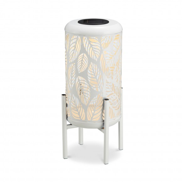 glitzhome Glitzhome 14.25"H White Metal Cutout Leaves Pattern Solar Powered LED Outdoor Lantern with Stand