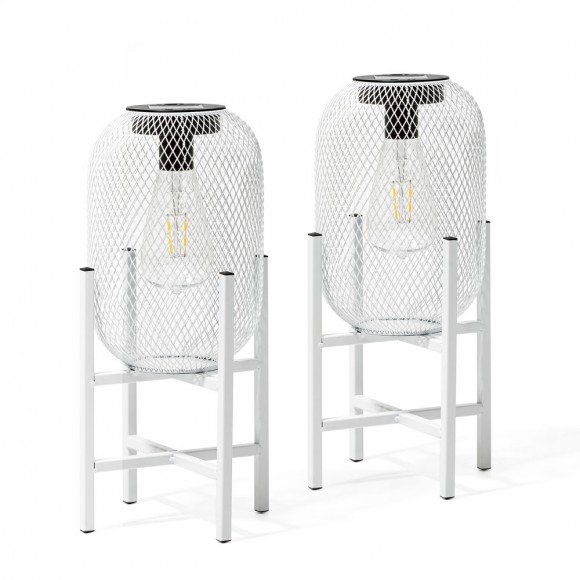 glitzhome Glitzhome 14.25"H White Metal Mesh Solar Powered Outdoor Lantern with Stand Set of 2
