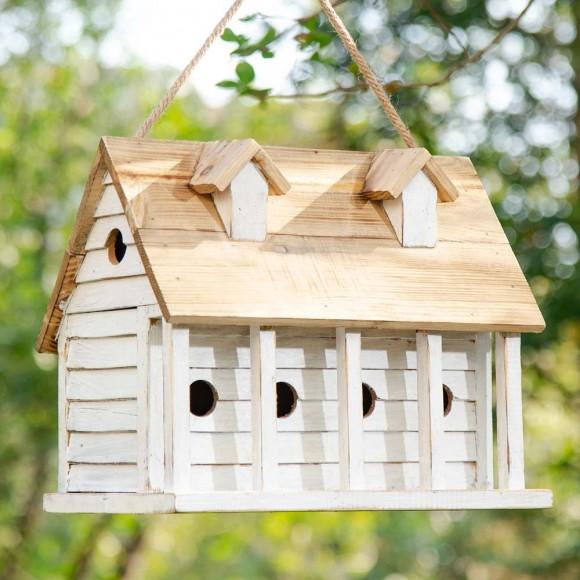 Glitzhome Glitzhome 14.25"L Oversized Washed White Distressed Solid Wood Cottage Birdhouse With Natural Wood Roof