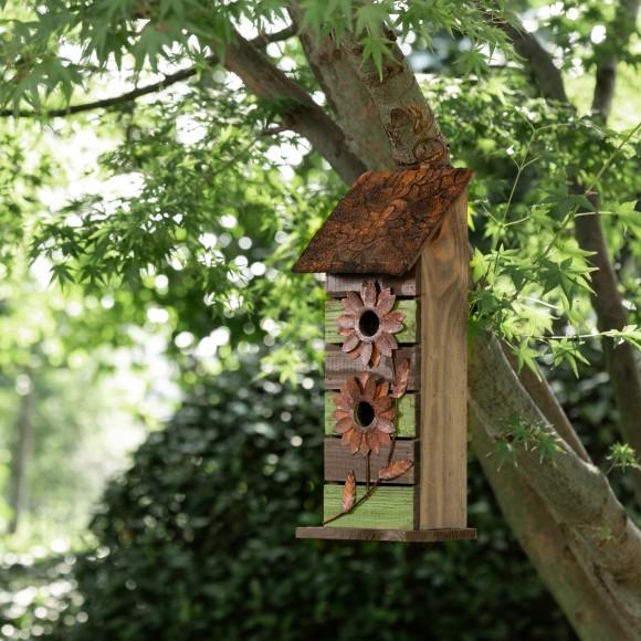 Glitzhome Glitzhome 14.45"H Hanging Two-Tiered Distressed Wooden Garden Bird House With Flowers