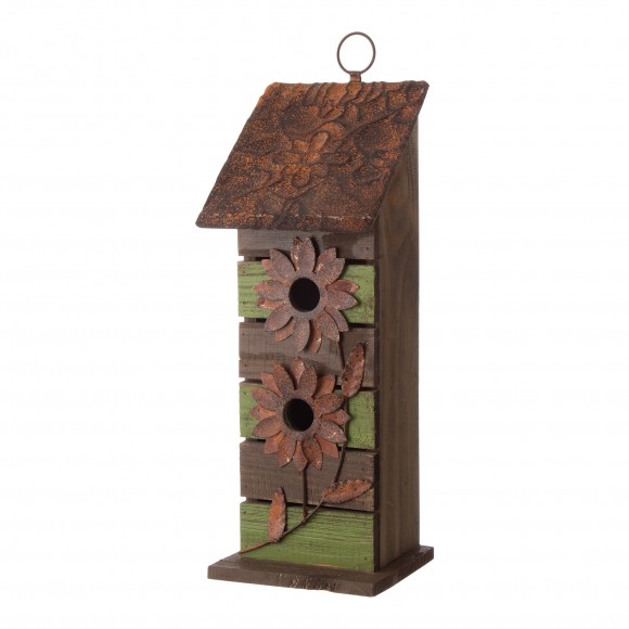 Glitzhome Glitzhome 14.45"H Hanging Two-Tiered Distressed Wooden Garden Bird House With Flowers