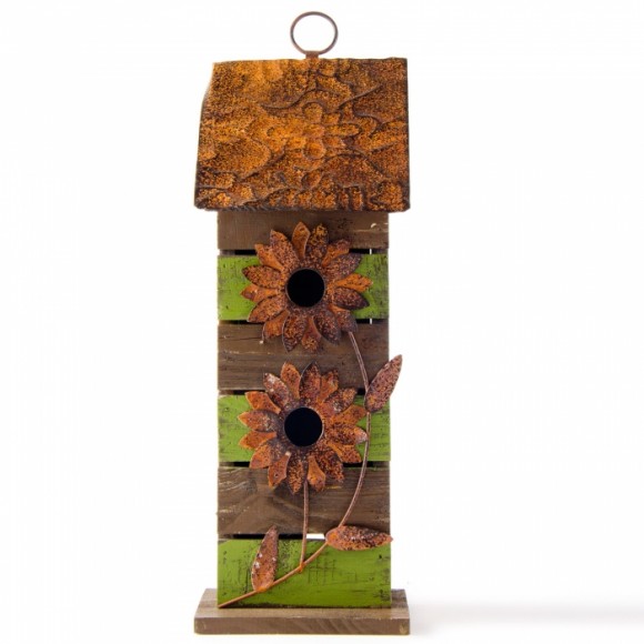 glitzhome Glitzhome 14.45"H Hanging Two-Tiered Distressed Wooden Garden Bird House With Flowers