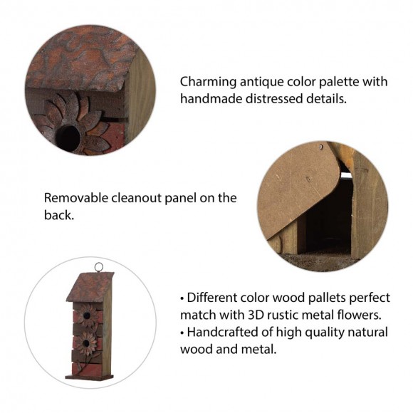 Glitzhome Glitzhome 14.5"H Brown/Red Pallets Two-Tiered Distressed Solid Wood Birdhouse With 3D Rustic Flowers