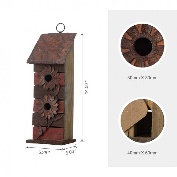 Glitzhome Glitzhome 14.5"H Brown/Red Pallets Two-Tiered Distressed Solid Wood Birdhouse With 3D Rustic Flowers