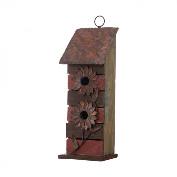 glitzhome Glitzhome 14.5"H Brown/Red Pallets Two-Tiered Distressed Solid Wood Birdhouse with 3D Rustic Flowers