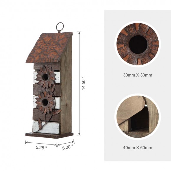Glitzhome Glitzhome 14.5"H Brown/White Two-Tiered Distressed Solid Wood Birdhouse With 3D Rustic Flowers