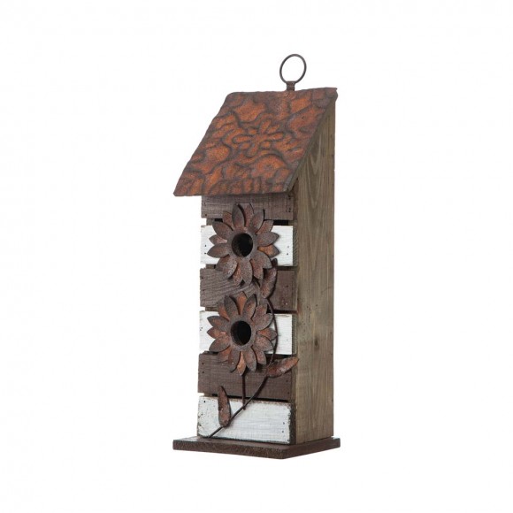 glitzhome Glitzhome 14.5"H Brown/White Two-Tiered Distressed Solid Wood Birdhouse with 3D Rustic Flowers