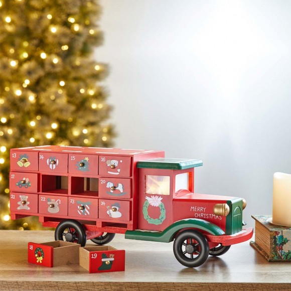 Glitzhome Glitzhome 14.5"L Wooden Christmas Truck Countdown Calendar With Drawer