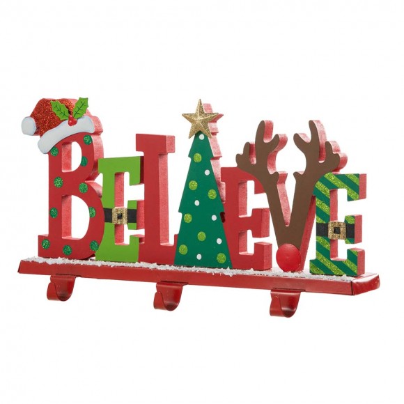 glitzhome Glitzhome 14.5"L Wooden/Metal "BELIEVE" Christmas Stocking Holder
