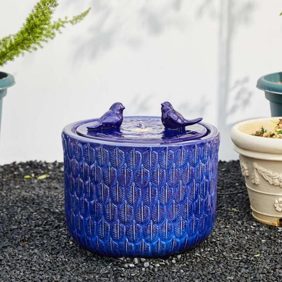 Glitzhome Glitzhome 14.75"D Cobalt Blue Two Birds Embossed Leaf Pattern Cylindrical Ceramic Fountain With Pump And LED Light