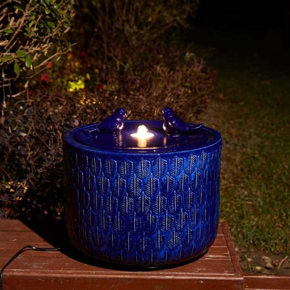 Glitzhome Glitzhome 14.75"D Cobalt Blue Two Birds Embossed Leaf Pattern Cylindrical Ceramic Fountain With Pump And LED Light