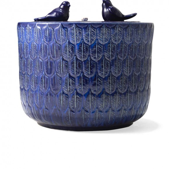 Glitzhome Glitzhome 14.75"D Cobalt Blue Two Birds Embossed Leaf Pattern Cylindrical Ceramic Fountain With Pump And LED Light