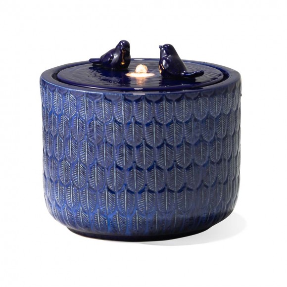 glitzhome Glitzhome 14.75"D Cobalt Blue Two Birds Embossed Leaf Pattern Cylindrical Ceramic Fountain with Pump and LED Light