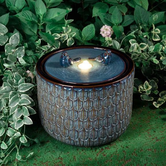 Glitzhome Glitzhome 14.75"D Turquoise Two Birds Embossed Leaf Pattern Cylindrical Ceramic Fountain With Pump And LED Light