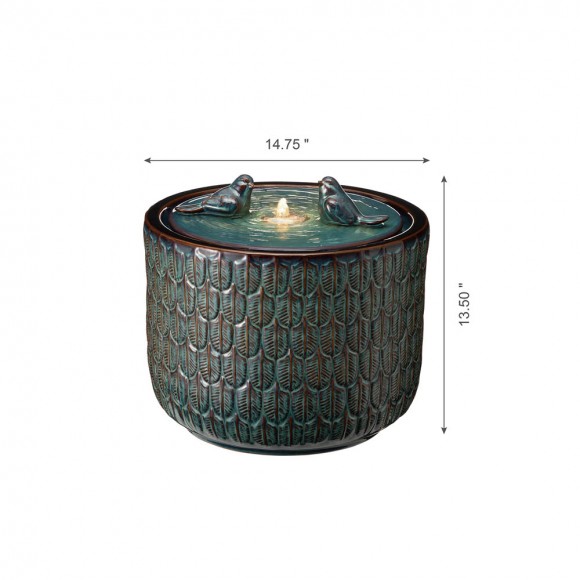 Glitzhome Glitzhome 14.75"D Turquoise Two Birds Embossed Leaf Pattern Cylindrical Ceramic Fountain With Pump And LED Light