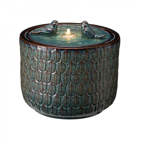 glitzhome Glitzhome 14.75"D Turquoise Two Birds Embossed Leaf Pattern Cylindrical Ceramic Fountain with Pump and LED Light