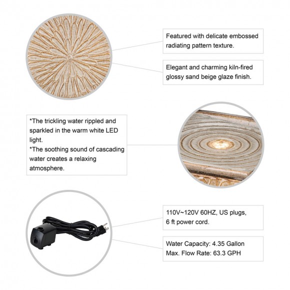 Glitzhome Glitzhome 14.75"H Sand Beige Embossed Pattern Cubic Ceramic Fountain With Pump And LED Light