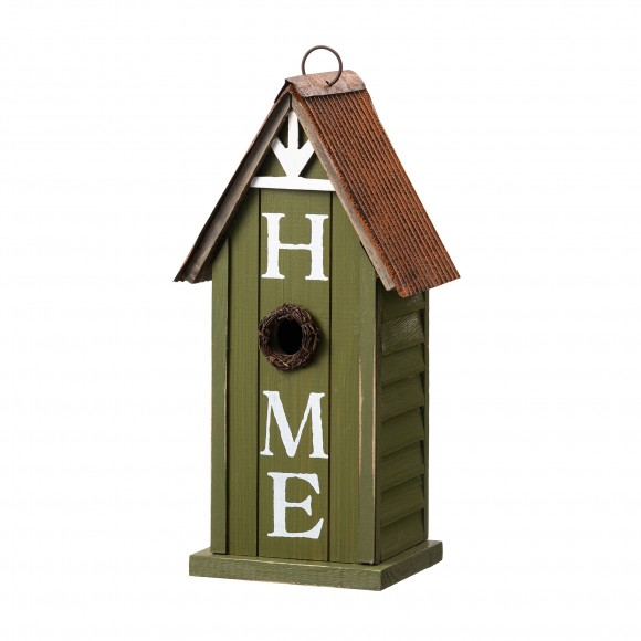 glitzhome Glitzhome 14.75"H Washed Green Distressed Solid Wood "HOME" Inspiration Single Family Decorative Outdoor Garden Birdhouse