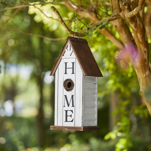 Glitzhome Glitzhome 14.75"H Washed White Distressed Solid Wood "HOME" Inspiration Decorative Outdoor Garden Birdhouse