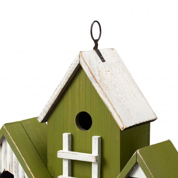 Glitzhome Glitzhome 14.75"L Oversized Washed Green Distressed Solid Wood 3-Room Villa Decorative Outdoor Garden Birdhouse With 3D Ladder