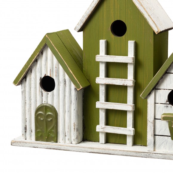 Glitzhome Glitzhome 14.75"L Oversized Washed Green Distressed Solid Wood 3-Room Villa Decorative Outdoor Garden Birdhouse With 3D Ladder