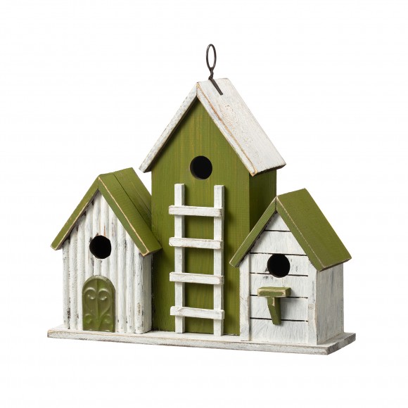 glitzhome Glitzhome 14.75"L Oversized Washed Green Distressed Solid Wood 3-Room Villa Decorative Outdoor Garden Birdhouse with 3D Ladder
