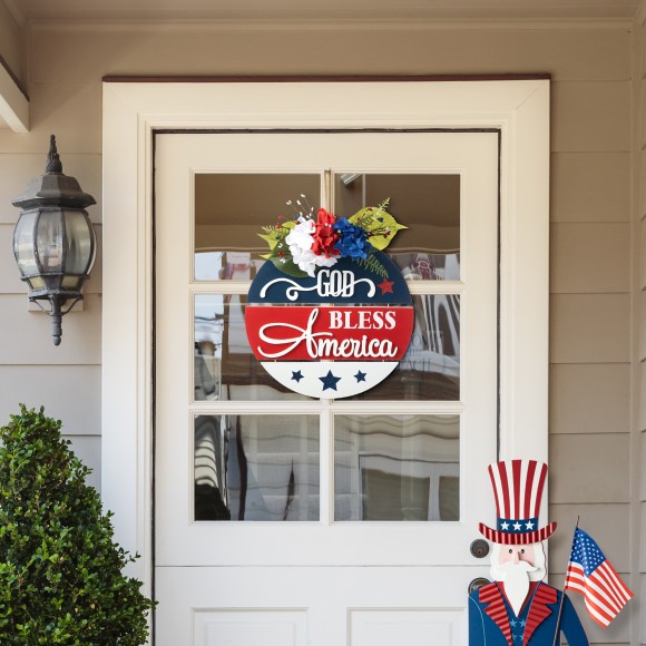 Glitzhome Glitzhome 14"D Patriotic Americana Wooden Round Sign Door Hanger