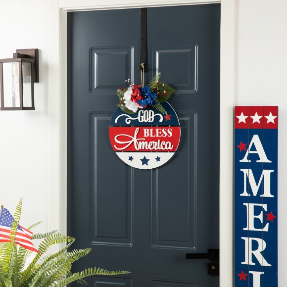 Glitzhome Glitzhome 14"D Patriotic Americana Wooden Round Sign Door Hanger