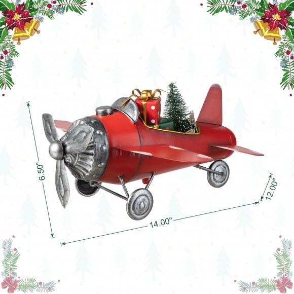 Glitzhome Glitzhome 14"L Christmas Metal Airplane With Gifts Table Decor(KD)