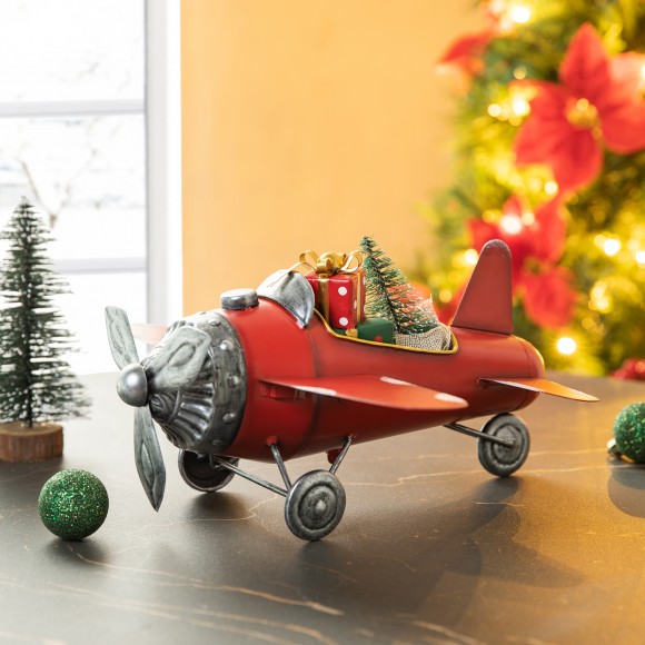 Glitzhome Glitzhome 14"L Christmas Metal Airplane With Gifts Table Decor(KD)
