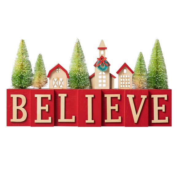 Glitzhome Glitzhome 14"L Christmas Wooden House/Brush Trees Table Décor