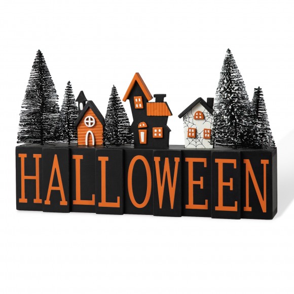 glitzhome Glitzhome 14"L Halloween Wooden "HALLOWEEN" Haunted House Table Sign
