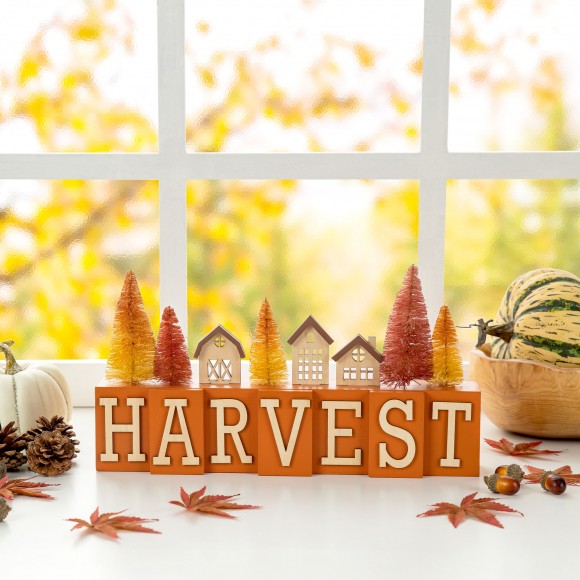 Glitzhome Glitzhome 14"L Harvest Wooden House/Brush Trees Table Décor
