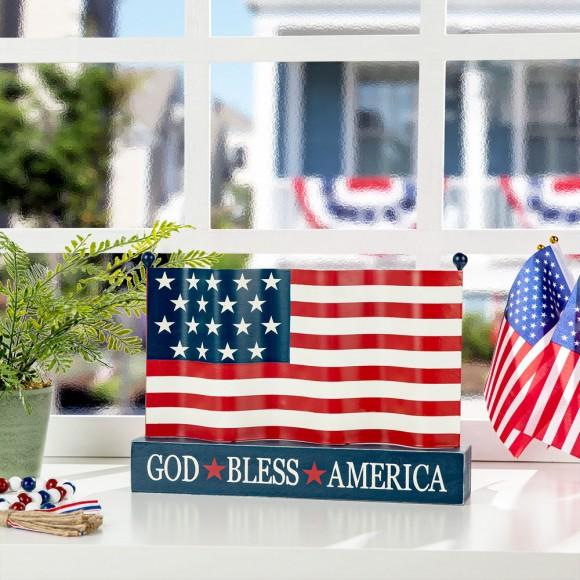 Glitzhome Glitzhome 14"L Metal Patriotic/Americana Flag With Wooden Base Table Decor