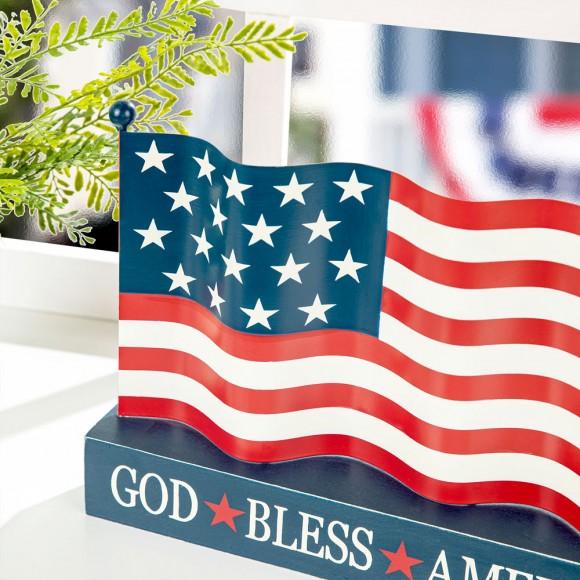 Glitzhome Glitzhome 14"L Metal Patriotic/Americana Flag With Wooden Base Table Decor