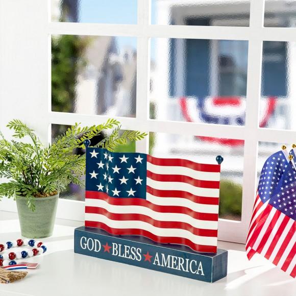 Glitzhome Glitzhome 14"L Metal Patriotic/Americana Flag With Wooden Base Table Decor