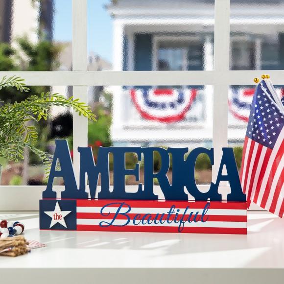 Glitzhome Glitzhome 14"L Patriotic Americana Wooden AMERICA Table Decor