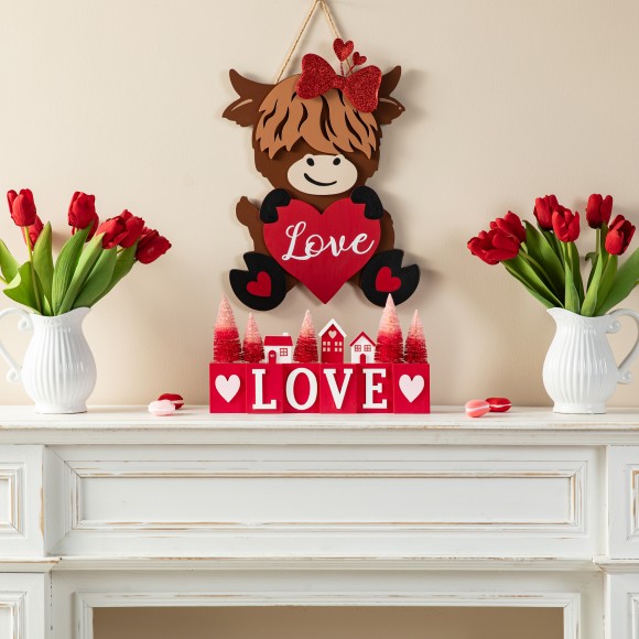 Glitzhome Glitzhome 14"L Valentine's Wooden House/Brush Trees LOVE Table Decor