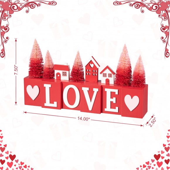 Glitzhome Glitzhome 14"L Valentine's Wooden House/Brush Trees LOVE Table Decor