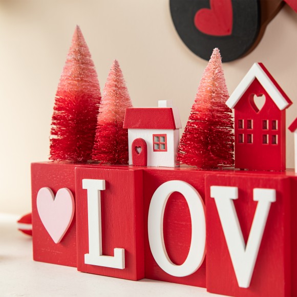 Glitzhome Glitzhome 14"L Valentine's Wooden House/Brush Trees LOVE Table Decor