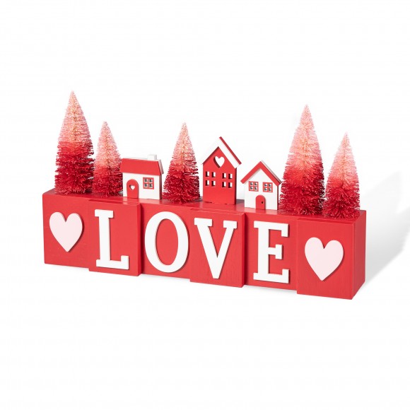 glitzhome Glitzhome 14"L Valentine's Wooden House/Brush Trees LOVE Table Decor