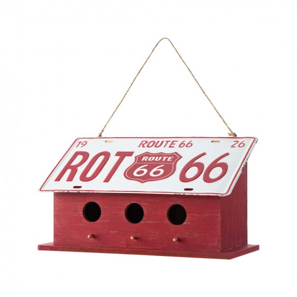 glitzhome Glitzhome 14"L Washed Red Wood and Metal Birdhouse with Unique Licence Plate Roof