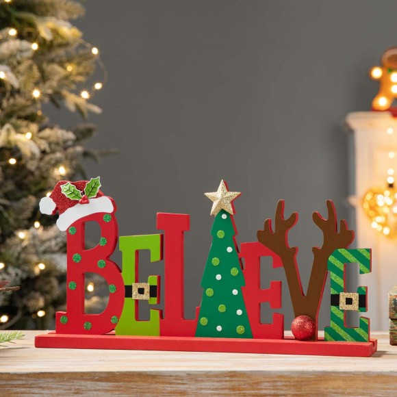 Glitzhome Glitzhome 14"L Wooden Christmas "BELIEVE" Table Decor